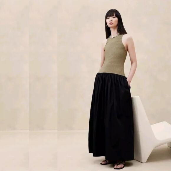 NEW Banana Republic Ribbed Racerback Tank Drop Waist Maxi Dress Olive Black Sz M - Picture 10 of 14